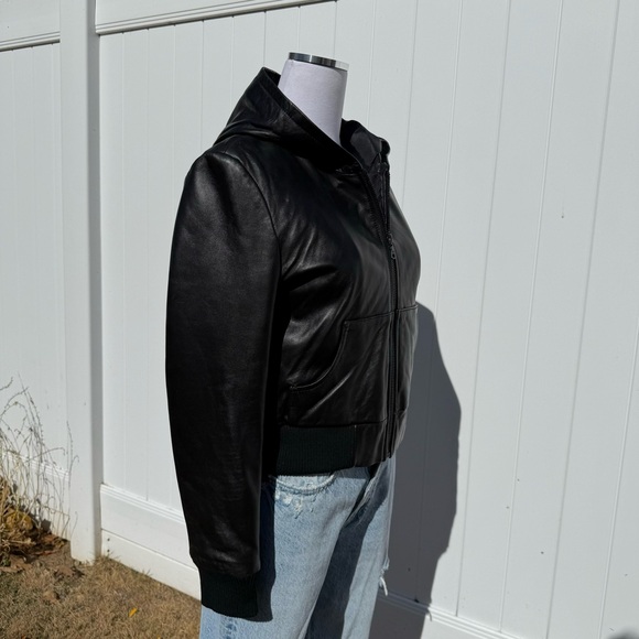 Black all real leather zip-up bomber style jacket lined with hood - Picture 6 of 9